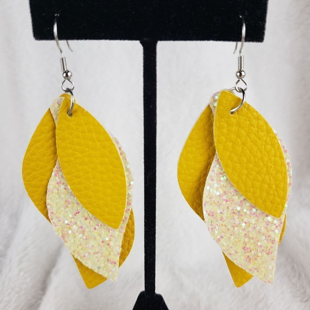 Leather Sparkle Leaf Drop Earrings